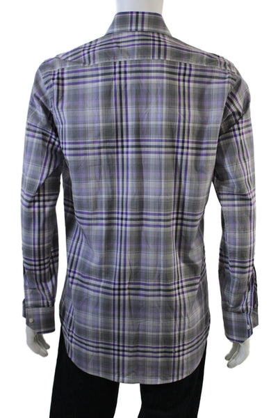 Etro Mens Button Front Long Sleeve Collared Plaid Shirt Purple Gray Size 38