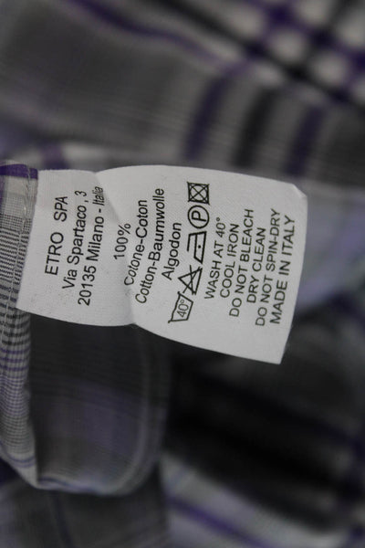 Etro Mens Button Front Long Sleeve Collared Plaid Shirt Purple Gray Size 38