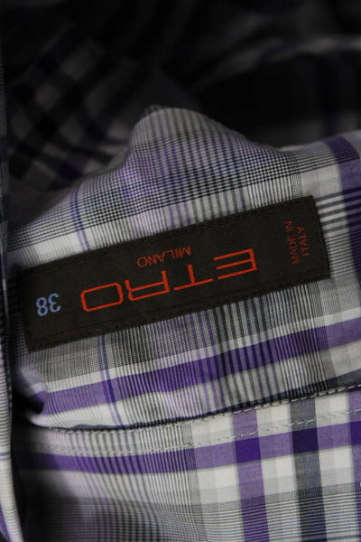 Etro Mens Button Front Long Sleeve Collared Plaid Shirt Purple Gray Size 38