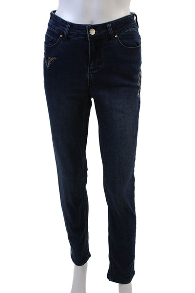 Renuar Womens Cotton Blend Studded Mid-Rise Straight Leg Jeans Blue Size 0