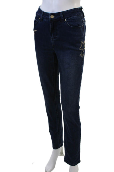 Renuar Womens Cotton Blend Studded Mid-Rise Straight Leg Jeans Blue Size 0