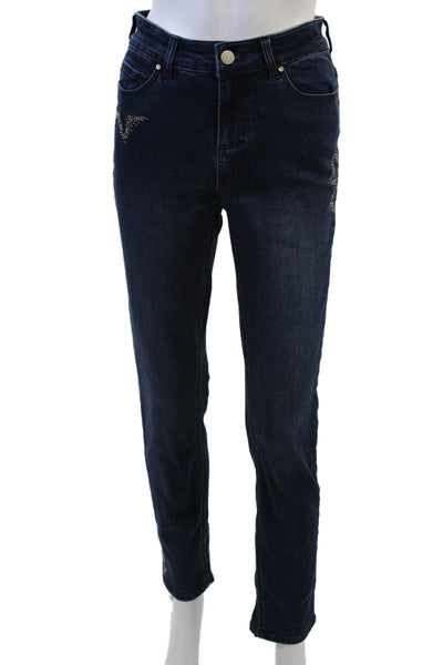 Renuar Womens Cotton Blend Studded Mid-Rise Straight Leg Jeans Blue Size 2