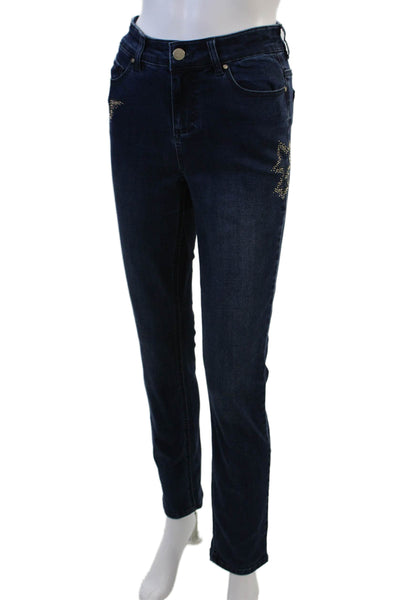 Renuar Womens Cotton Blend Studded Mid-Rise Straight Leg Jeans Blue Size 2