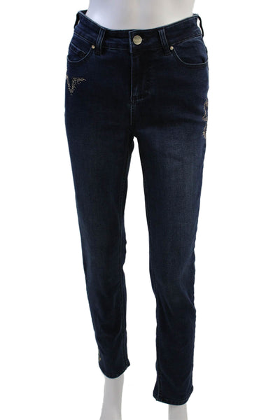 Renuar Womens Cotton Blend Studded Mid-Rise Straight Leg Jeans Blue Size 6