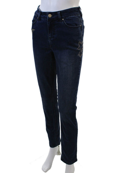 Renuar Womens Cotton Blend Studded Mid-Rise Straight Leg Jeans Blue Size 6