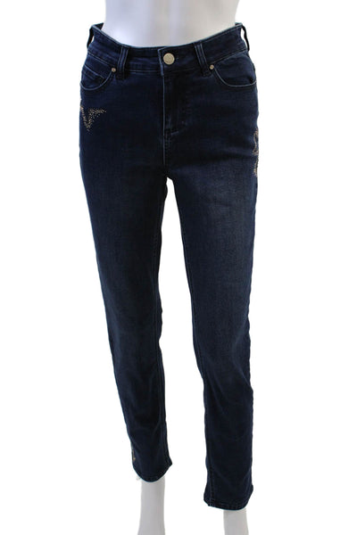 Renuar Womens Cotton Blend Studded Mid-Rise Straight Leg Jeans Blue Size 4