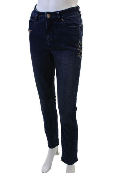 Renuar Womens Cotton Blend Studded Mid-Rise Straight Leg Jeans Blue Size 16