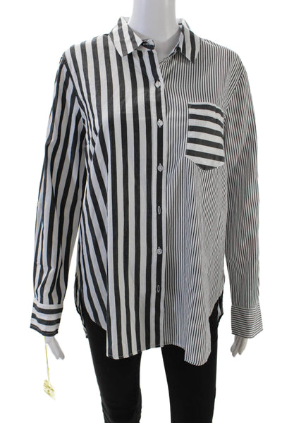 Tribal Womens Cotton Collared Pocket Detail Striped Buttoned Blouse White Size M