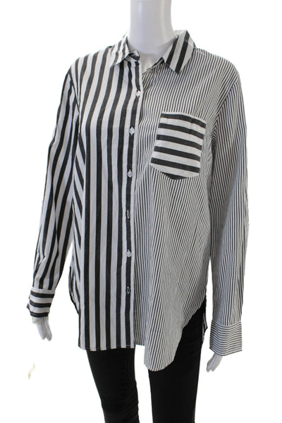 Tribal Womens Cotton Collared Pocket Detail Striped Buttoned Blouse White Size M