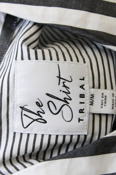 Tribal Womens Cotton Collared Pocket Detail Striped Buttoned Blouse White Size M