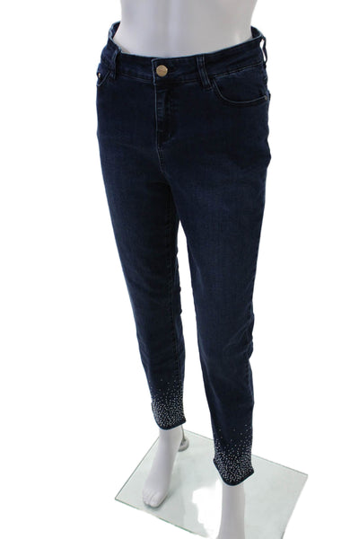 Renuar Womens Cotton Mid Rise Rhinestone Detail Skinny Jeans Blue Size 4