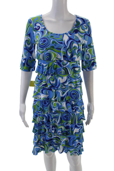 Isle Womens Watercolor Short Sleeve Ruffled Detail Mini Dress Blue Size XS