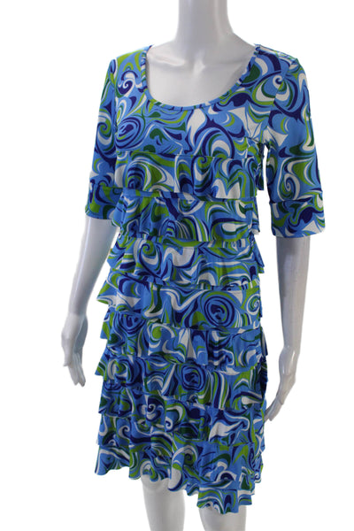 Isle Womens Watercolor Short Sleeve Ruffled Detail Mini Dress Blue Size XS