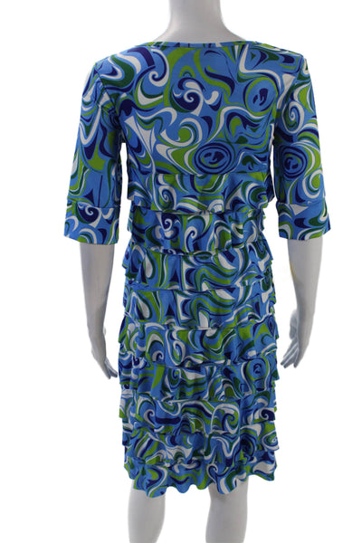 Isle Womens Watercolor Short Sleeve Ruffled Detail Mini Dress Blue Size XS