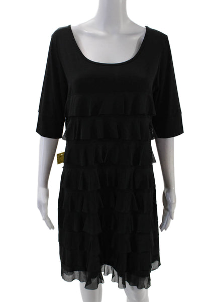 Isle Womens Short Sleeve Ruffled Detail Round Neck Mini Dress Black Size XL