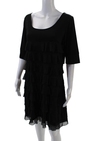 Isle Womens Short Sleeve Ruffled Detail Round Neck Mini Dress Black Size XL