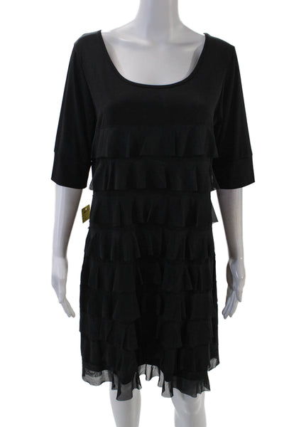 Isle Womens Short Sleeve Round Neck Ruffled Detail Mini Dress Black Size M