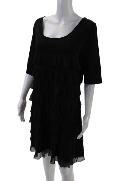 Isle Womens Short Sleeve Round Neck Ruffled Detail Mini Dress Black Size M
