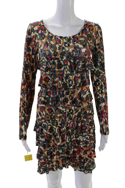 Isle Womens Long Sleeve Spotted Print Ruffled Detail Mini Dress Brown Size XS