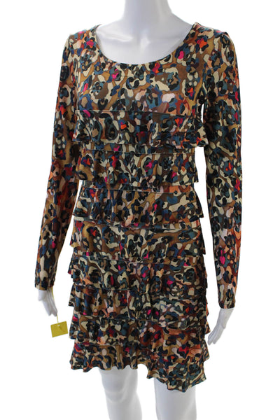 Isle Womens Long Sleeve Spotted Print Ruffled Detail Mini Dress Brown Size XS