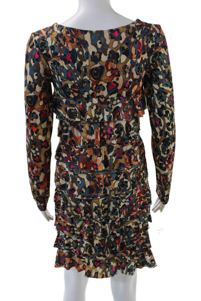 Isle Womens Long Sleeve Spotted Print Ruffled Detail Mini Dress Brown Size XS