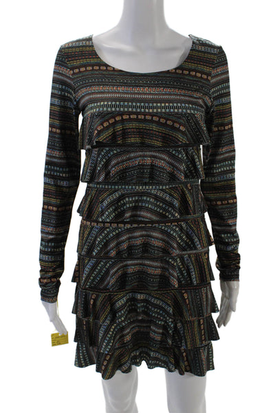 Isle Womens Round Neck Long Sleeve Ruffled Mini Dress Multicolor Size XS