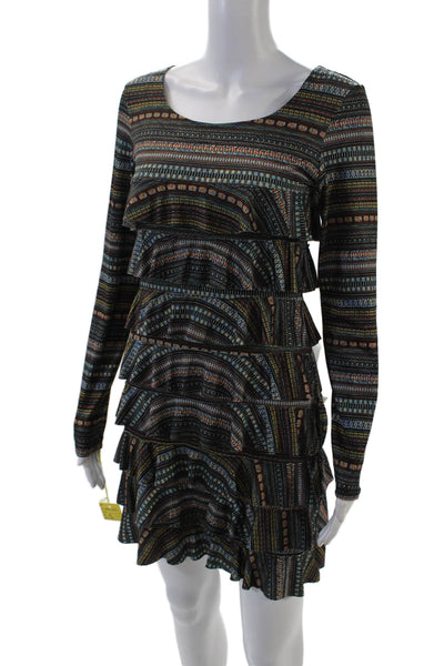 Isle Womens Round Neck Long Sleeve Ruffled Mini Dress Multicolor Size XS