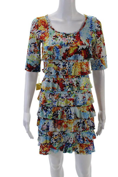 Isle Womens Rainbow Ruffled Detail Short Sleeve Mini Dress Multicolor Size XS