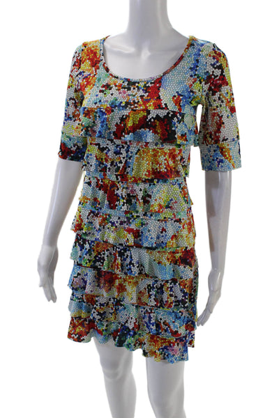 Isle Womens Rainbow Ruffled Detail Short Sleeve Mini Dress Multicolor Size XS