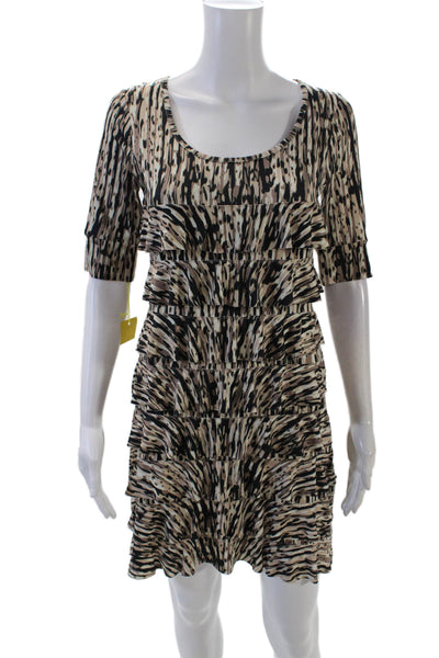 Isle Womens Animal Short Sleeve Round Neck Ruffled Mini Dress Beige Size XS