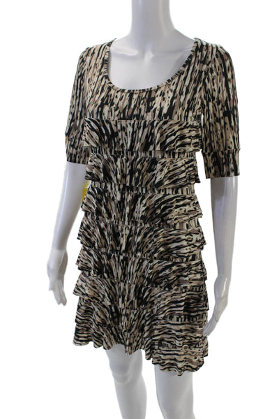 Isle Womens Animal Short Sleeve Round Neck Ruffled Mini Dress Beige Size XS