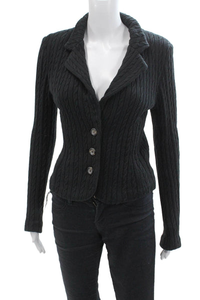 525 America Womens Cable Knit Notch Collar Button Up Blazer Jacket Black Size S