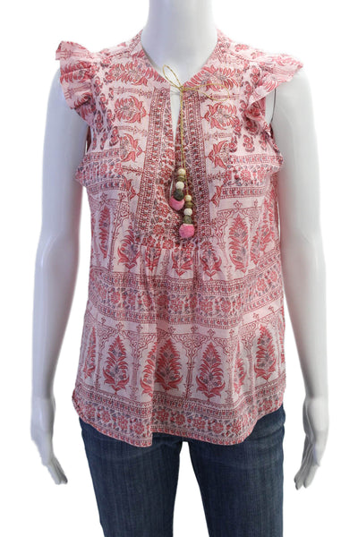 Bell Womens Cotton V-neck Short Sleeve Pattern Lined Blouse Pink Size M