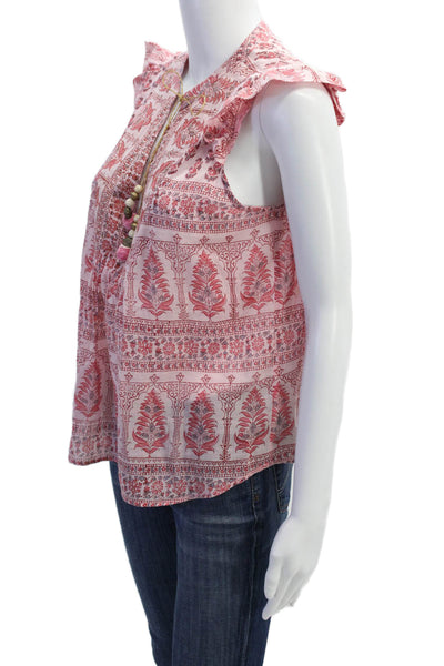 Bell Womens Cotton V-neck Short Sleeve Pattern Lined Blouse Pink Size M