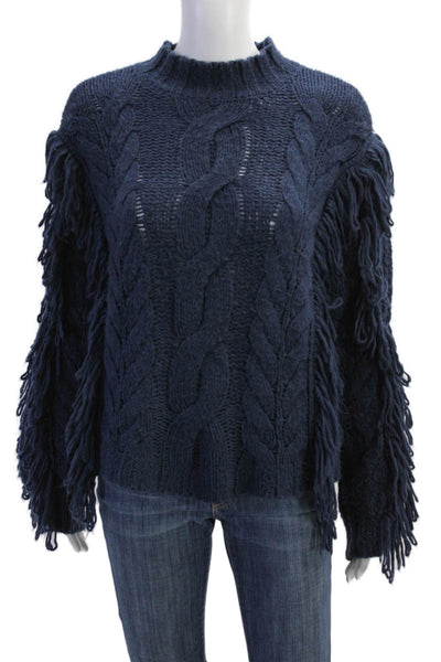 525 Womens Knit Textured Long Sleeve Round Neck Fringe Sweater Blue Size S