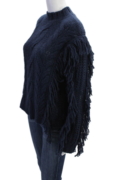 525 Womens Knit Textured Long Sleeve Round Neck Fringe Sweater Blue Size S
