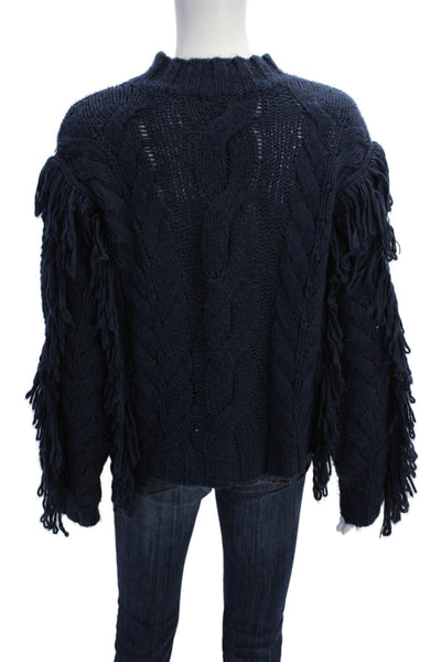 525 Womens Knit Textured Long Sleeve Round Neck Fringe Sweater Blue Size S