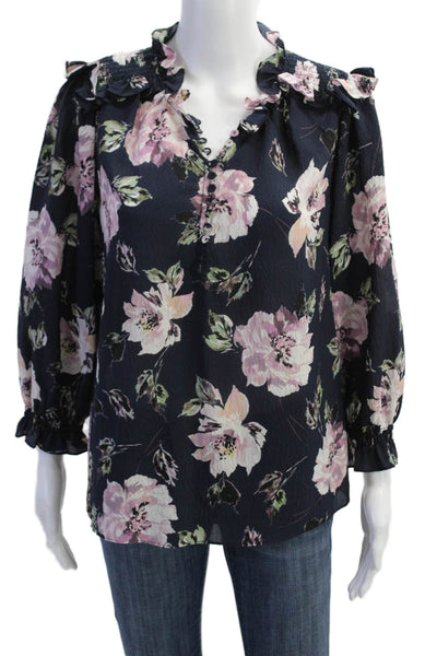Rebecca Taylor Womens Silk Long Sleeve V-neck Floral Print Blouse Navy Size 08