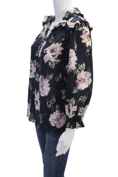 Rebecca Taylor Womens Silk Long Sleeve V-neck Floral Print Blouse Navy Size 08