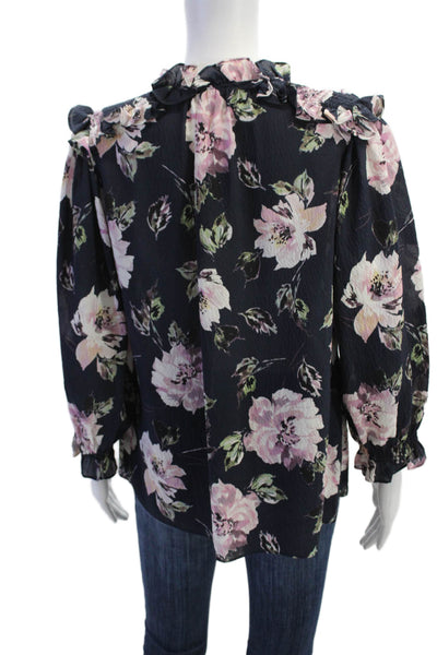 Rebecca Taylor Womens Silk Long Sleeve V-neck Floral Print Blouse Navy Size 08