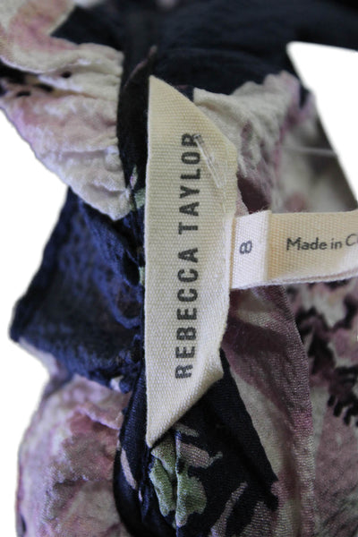 Rebecca Taylor Womens Silk Long Sleeve V-neck Floral Print Blouse Navy Size 08