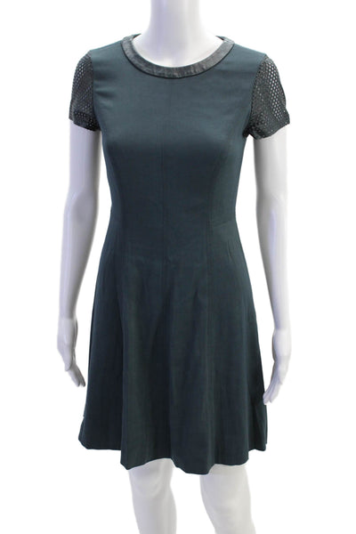 Rebecca Taylor Womens Leather Trim Short Sleeve A Line Dress Teal Size 0