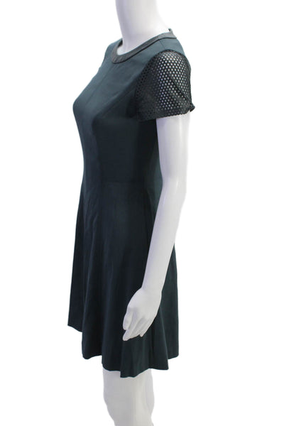 Rebecca Taylor Womens Leather Trim Short Sleeve A Line Dress Teal Size 0