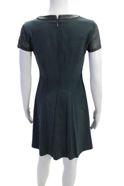 Rebecca Taylor Womens Leather Trim Short Sleeve A Line Dress Teal Size 0