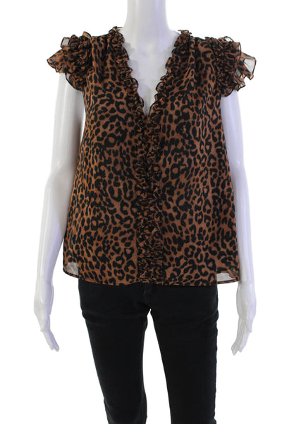 Generation Love Womens Short Sleeve V Neck Ruffled Leopard Top Brown Size XS