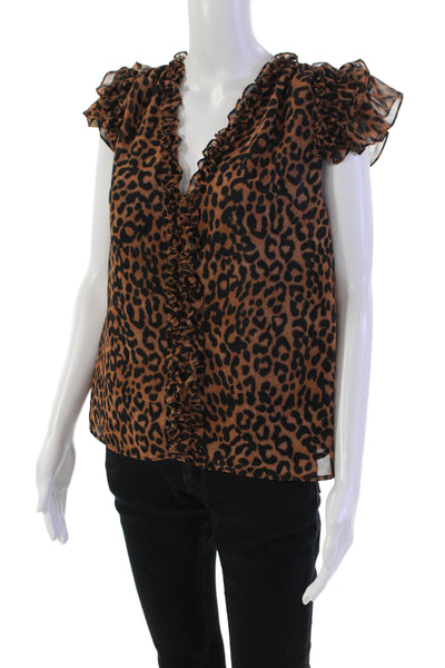 Generation Love Womens Short Sleeve V Neck Ruffled Leopard Top Brown Size XS