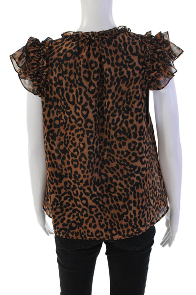 Generation Love Womens Short Sleeve V Neck Ruffled Leopard Top Brown Size XS