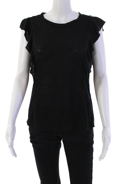 Rebecca Taylor Womens Short Sleeve Scoop Neck Linen Ruffle Top Black Size XS