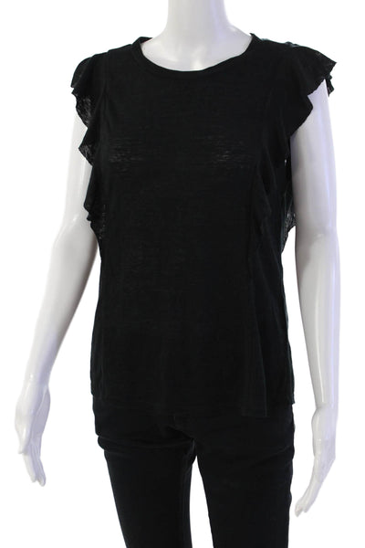 Rebecca Taylor Womens Short Sleeve Scoop Neck Linen Ruffle Top Black Size XS