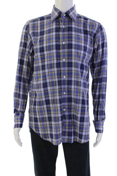 Etro Mens Button Front Long Sleeve Collared Plaid Shirt Blue Cotton Size 40